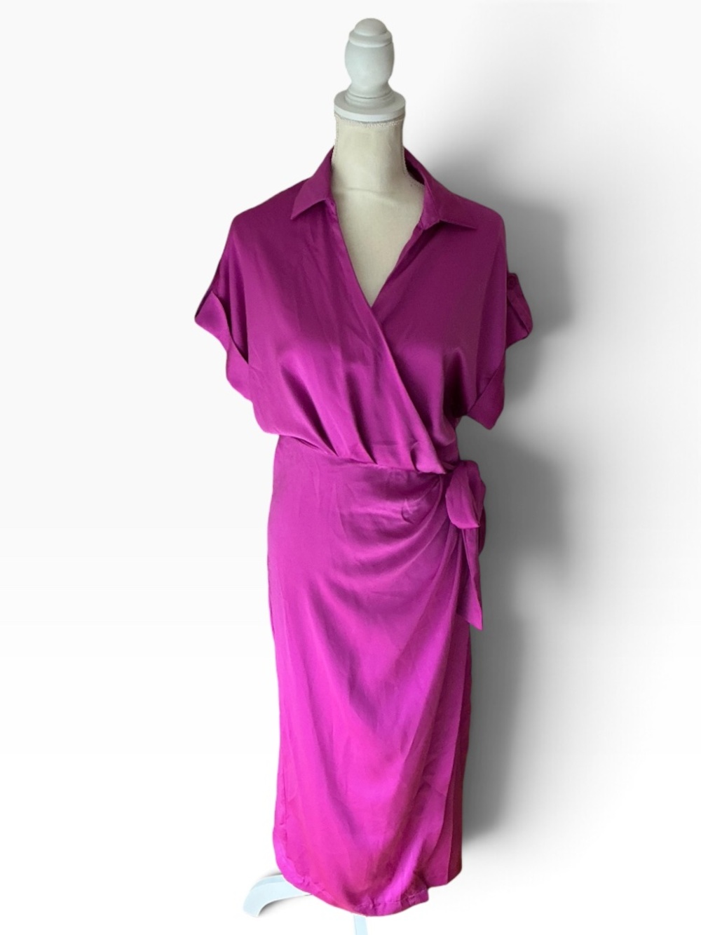 Entro Fuchsia Pink Collared Wrap Midi Dress Short Sleeve Tie Waist S NWT